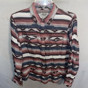 Ariat Real Women’s Western Shirt Size Medium Pink Brown White Pearl Snap Party